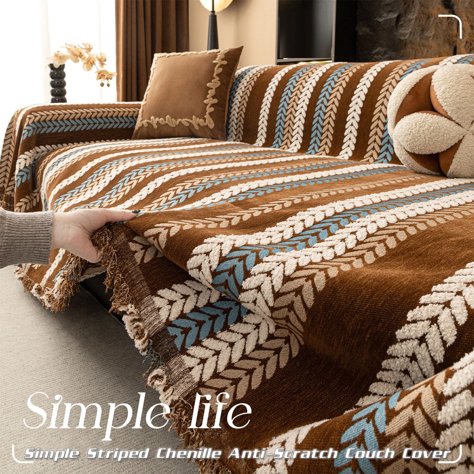 Elegance Chenille Anti-Slip Woven Tassels Sofa Couch Cover
