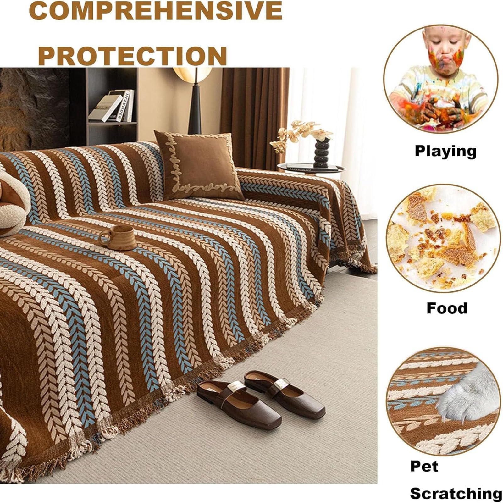 Elegance Chenille Anti-Slip Woven Tassels Sofa Couch Cover