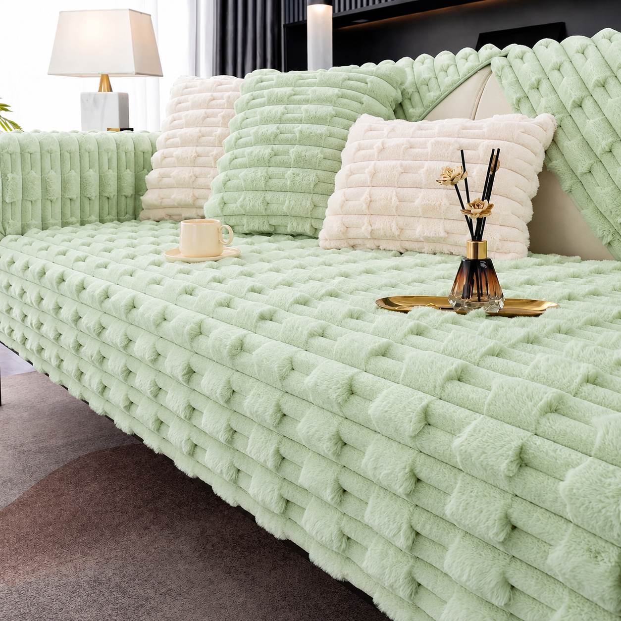 Non Slip Ultra-Soft Faux Rabbit Fur Couch Sofa Cover