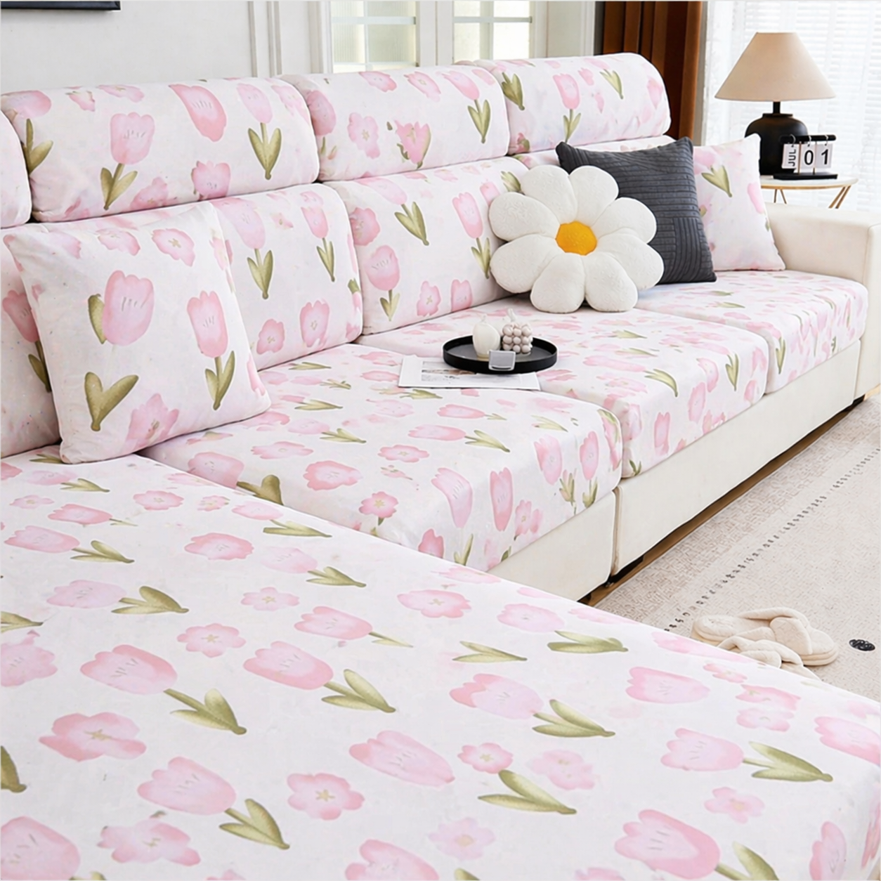 Floral Anti-Slip L Shaped Cushion Sofa Couch Cover