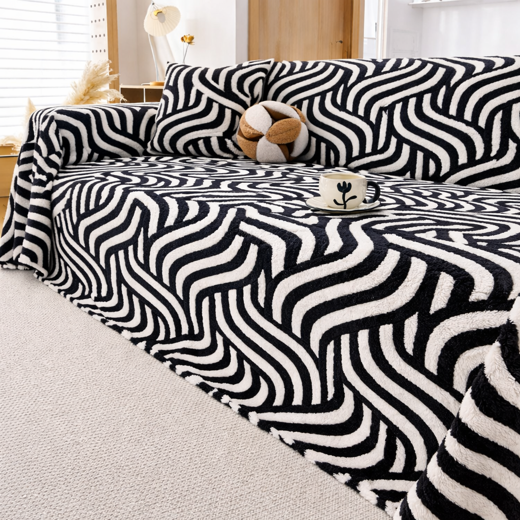 Classic Fuzzy Striped Curved Plush Sofa Couch Cover