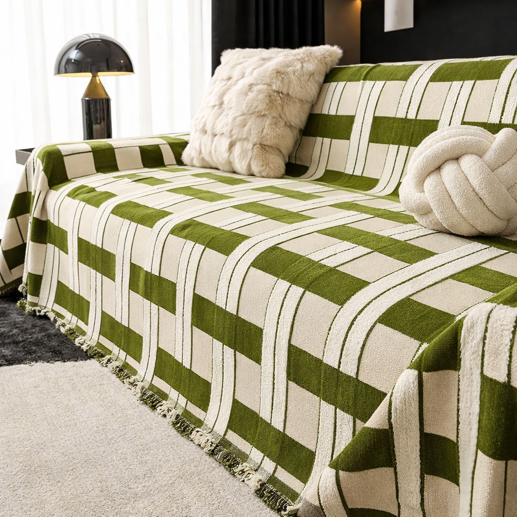 Geometric Plaid Reversible Tassels Sofa Couch Cover