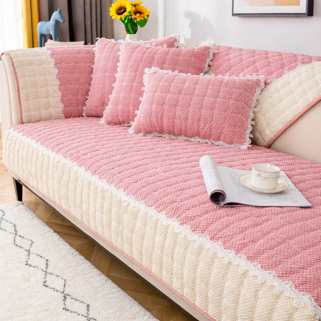 Non-Slip Quilted Lace Plush Sofa Couch Cover
