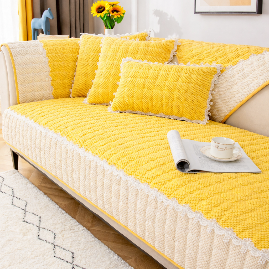 Non-Slip Quilted Lace Plush Sofa Couch Cover