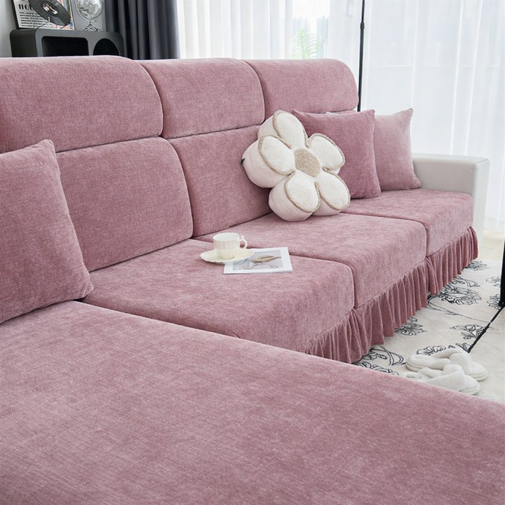 Chenille Anti-Slip L Shaped Skirted Cushion Sofa Couch Cover
