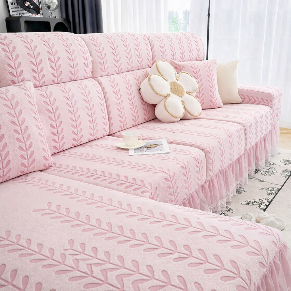 Anti-Slip L Shaped Leaf Skirted Cushion Sofa Couch Cover