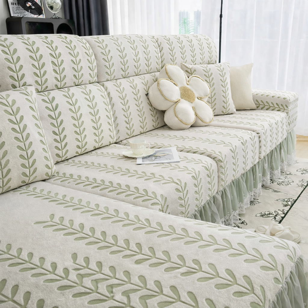 Anti-Slip L Shaped Leaf Skirted Cushion Sofa Couch Cover