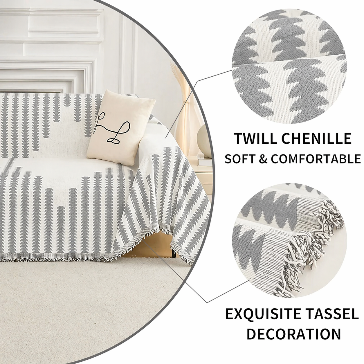 Elegance Chenille Anti-Slip Tassels Sofa Couch Cover