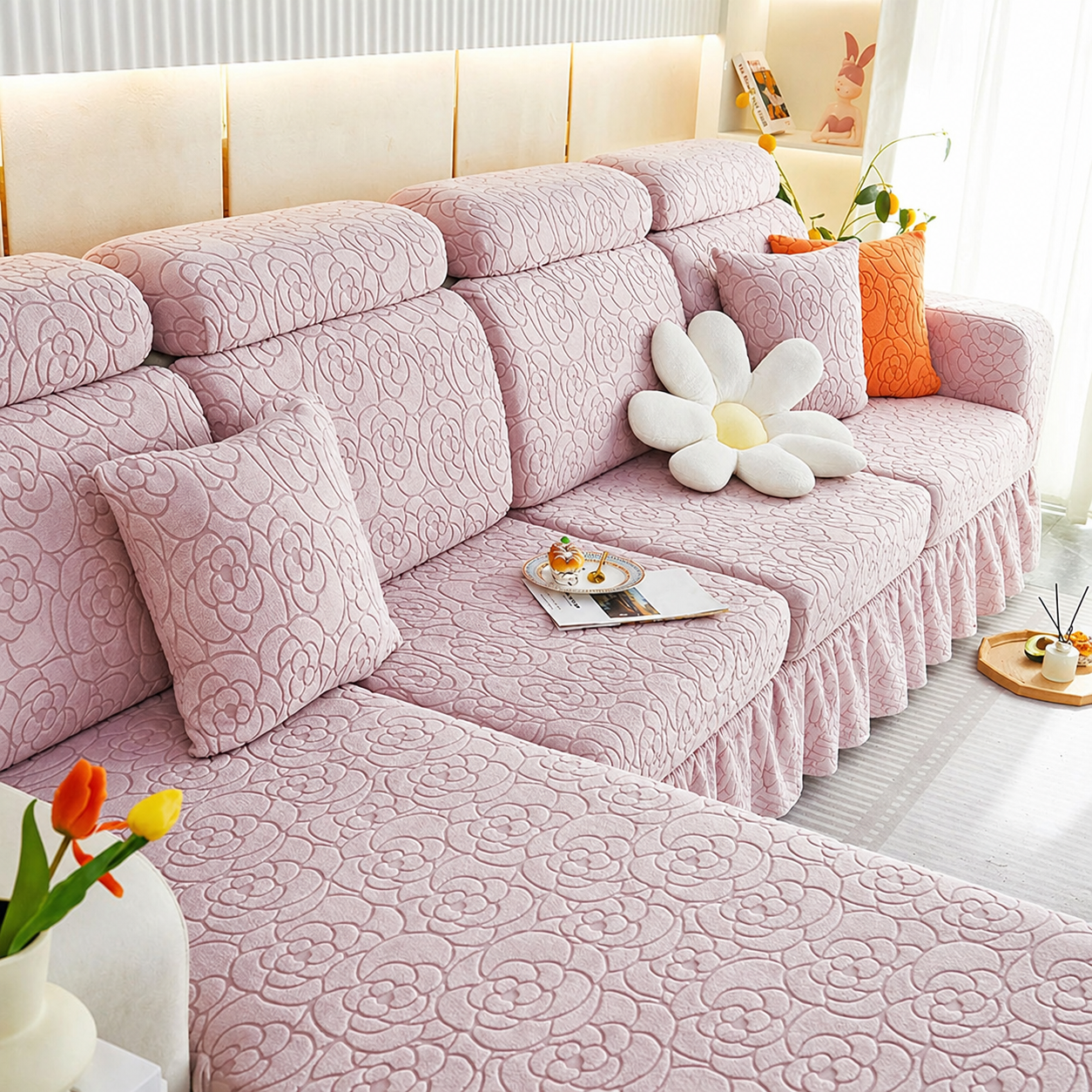 L Shaped Floral Skirted Cushion Slipcover Sofa Couch Cover