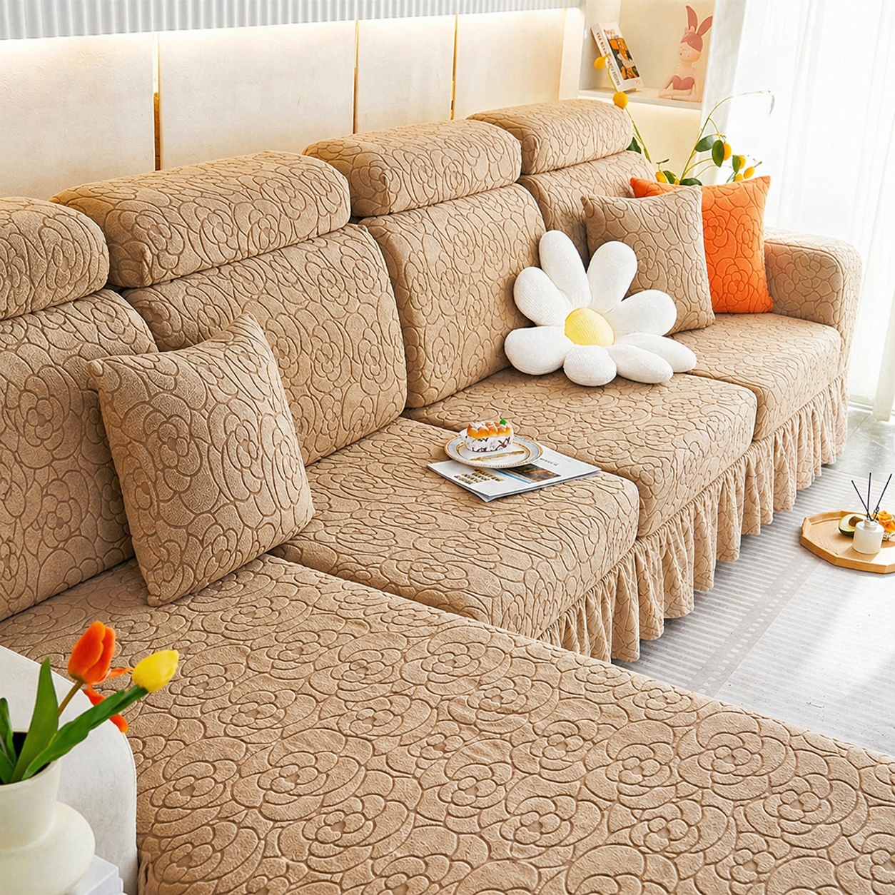 L Shaped Floral Skirted Cushion Slipcover Sofa Couch Cover