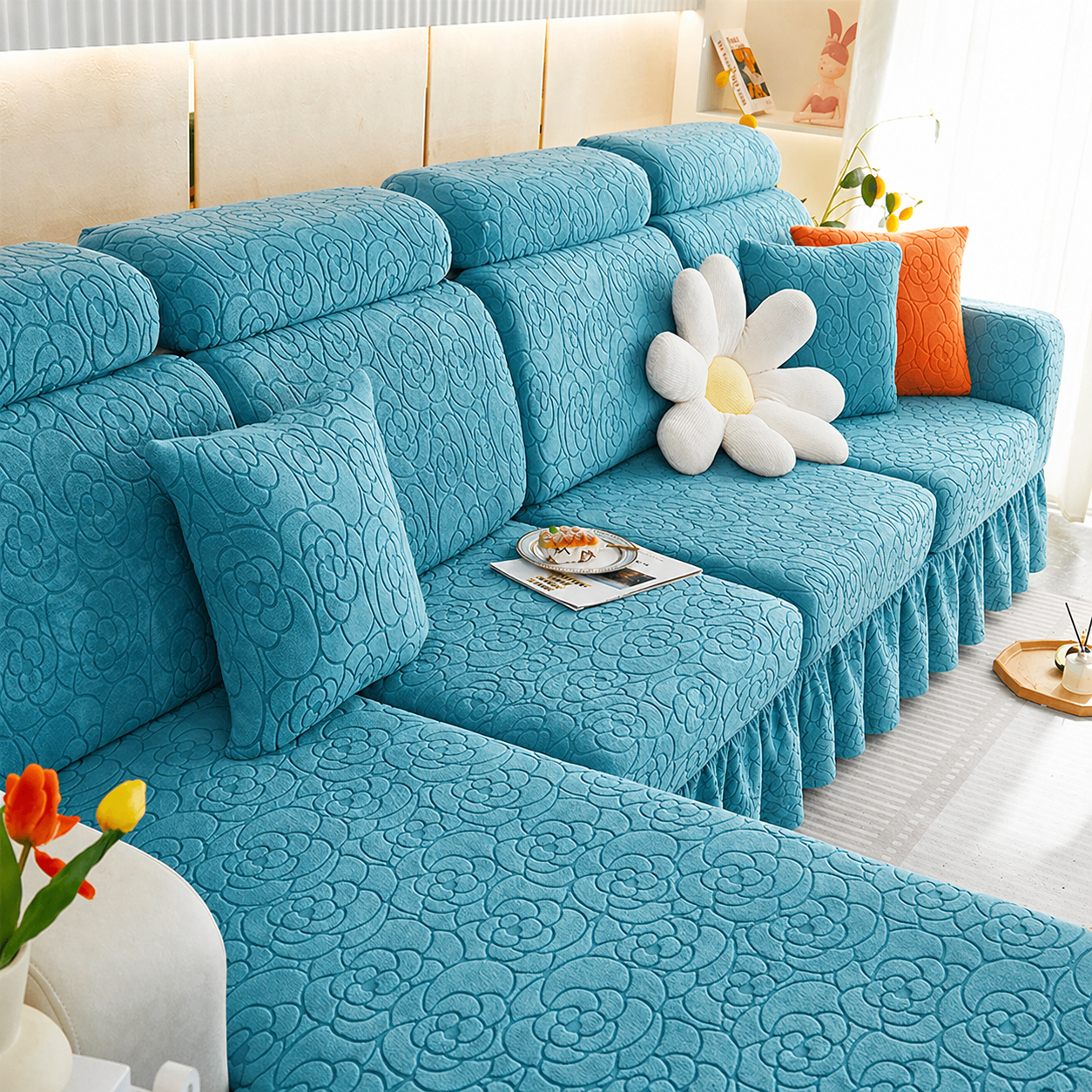 L Shaped Floral Skirted Cushion Slipcover Sofa Couch Cover