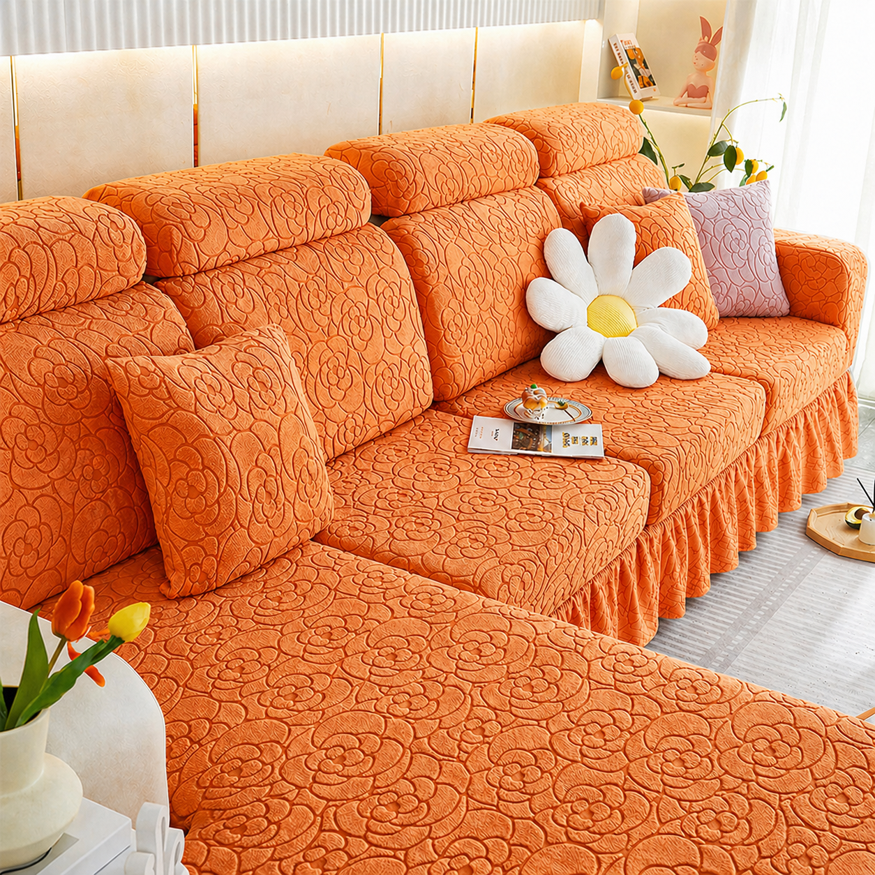 L Shaped Floral Skirted Cushion Slipcover Sofa Couch Cover