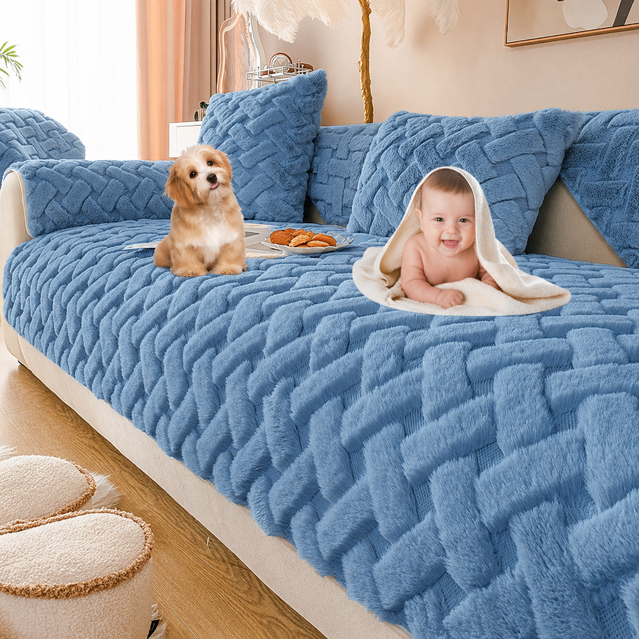 Non-Slip Geometric Plush Fuzzy Furry Sofa Couch Cover
