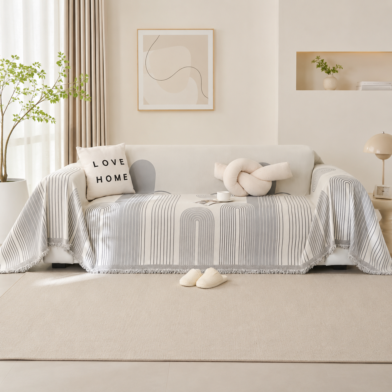 Modern Abstract Jacquard Chenille Tassels Sofa Couch Cover