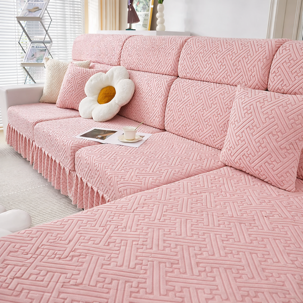 Jacquard Geometric Anti-Slip L Shaped Skirted Cushion Sofa Couch Cover