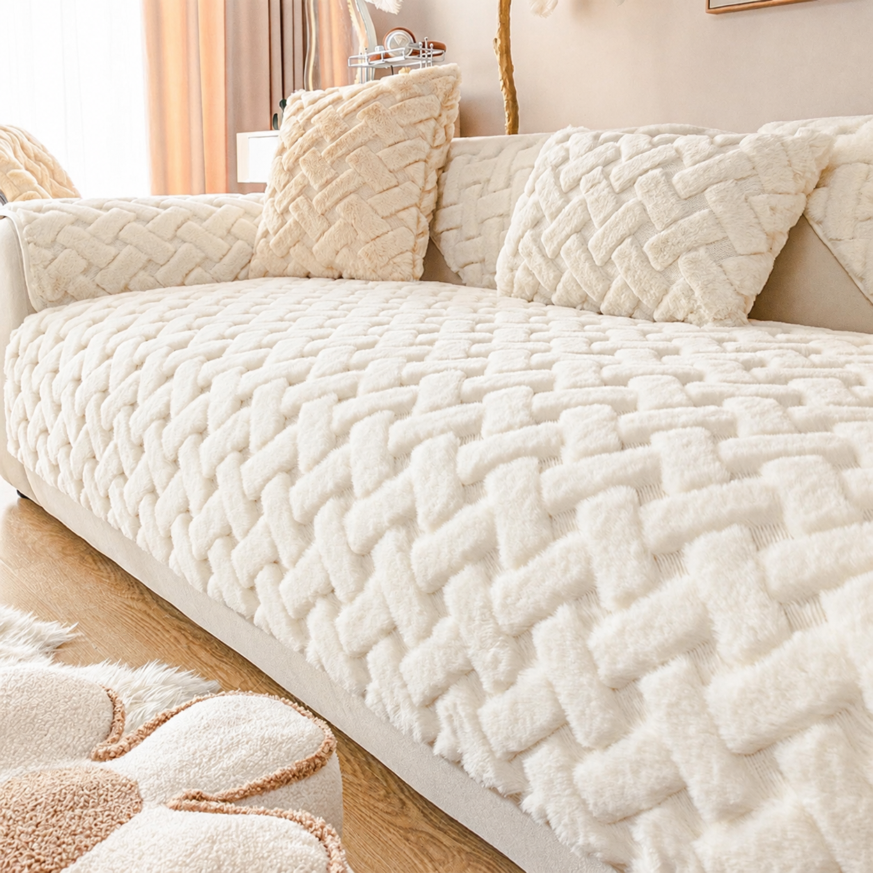 Non-Slip Geometric Plush Fuzzy Furry Sofa Couch Cover