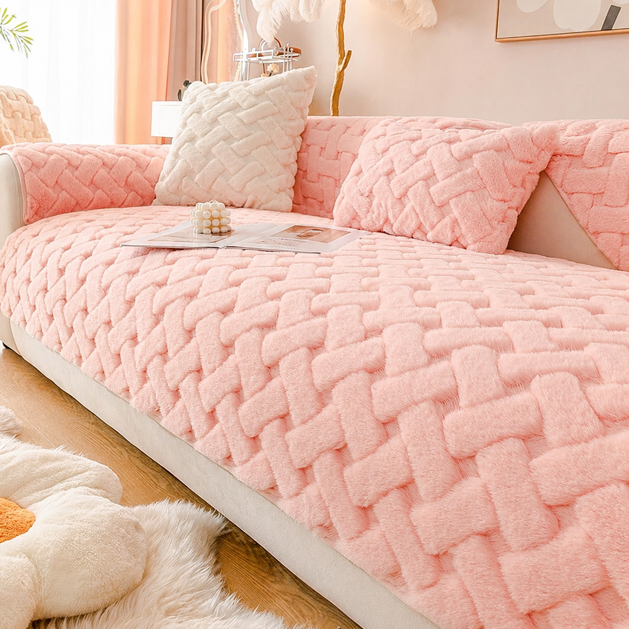 Non-Slip Geometric Plush Fuzzy Furry Sofa Couch Cover
