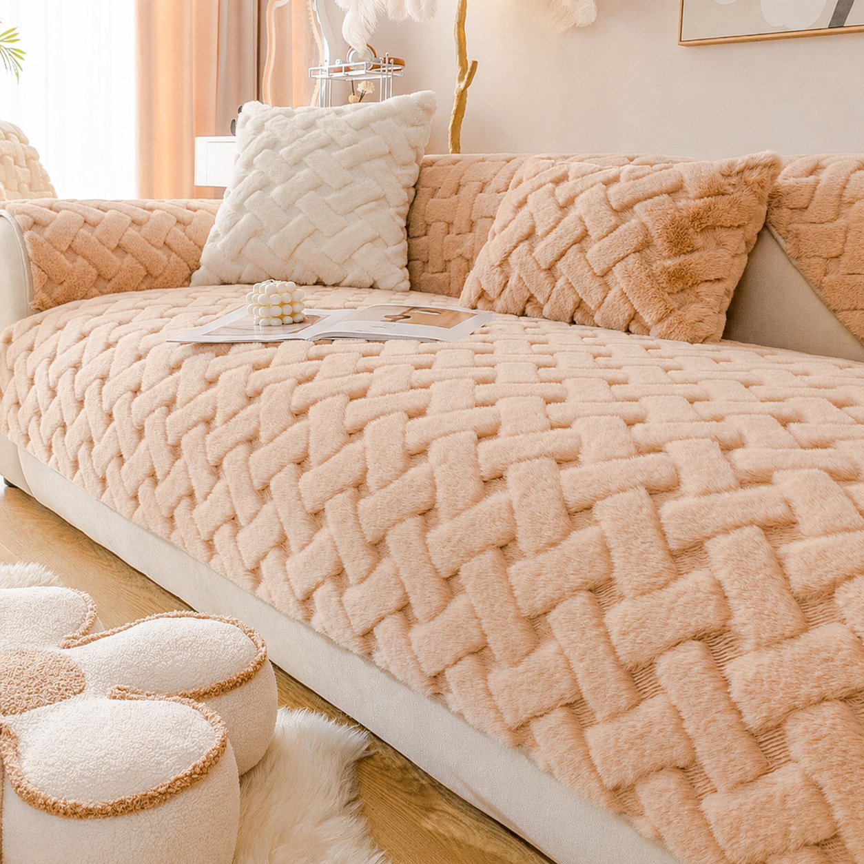 Non-Slip Geometric Plush Fuzzy Furry Sofa Couch Cover