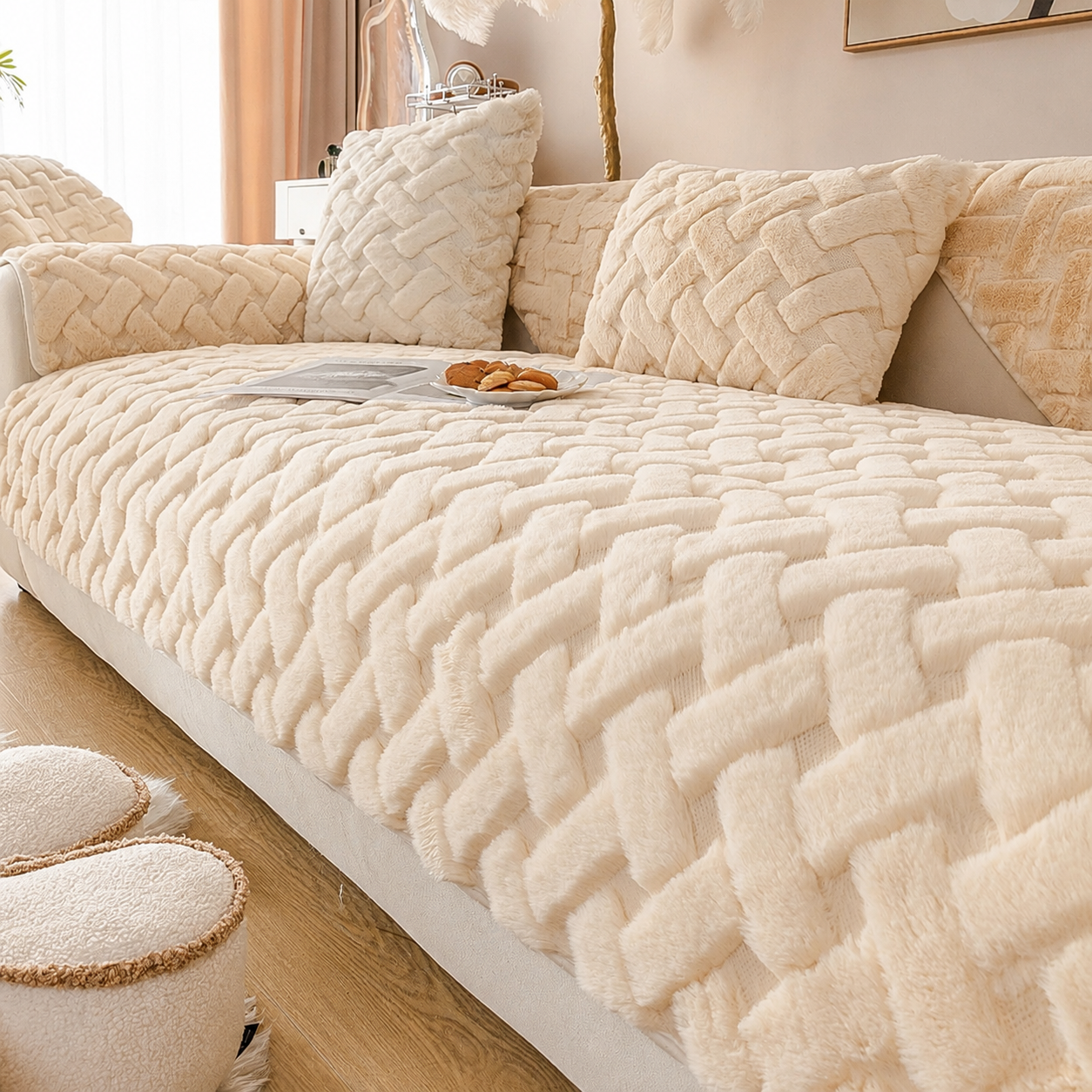 Non-Slip Geometric Plush Fuzzy Furry Sofa Couch Cover
