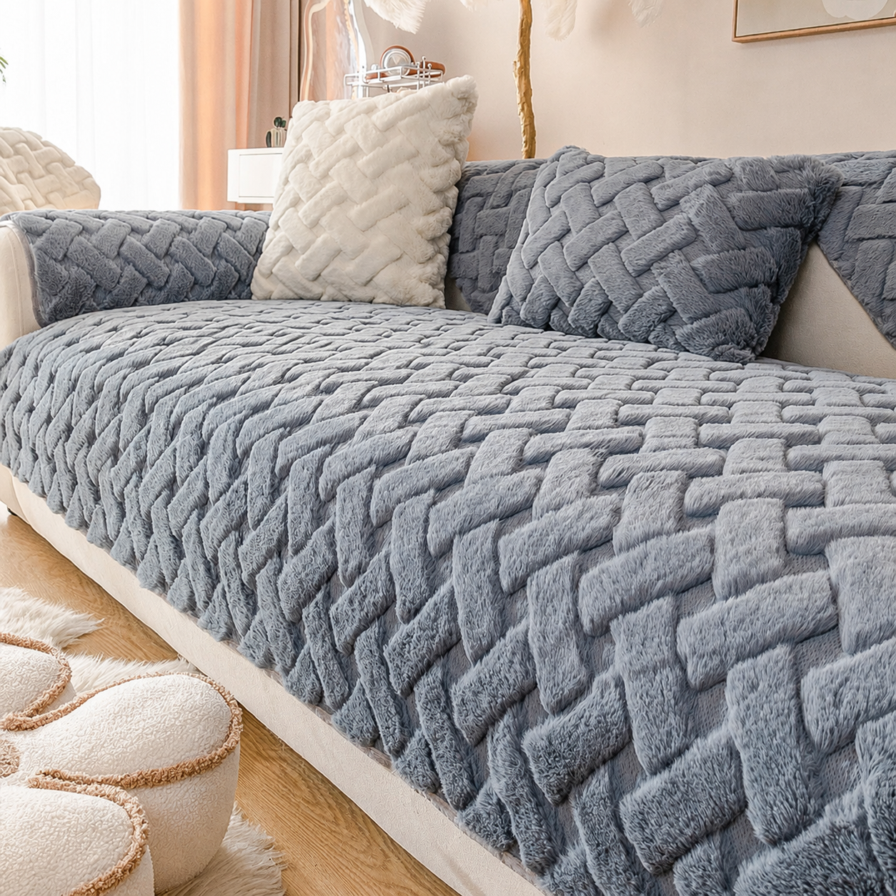 Non-Slip Geometric Plush Fuzzy Furry Sofa Couch Cover