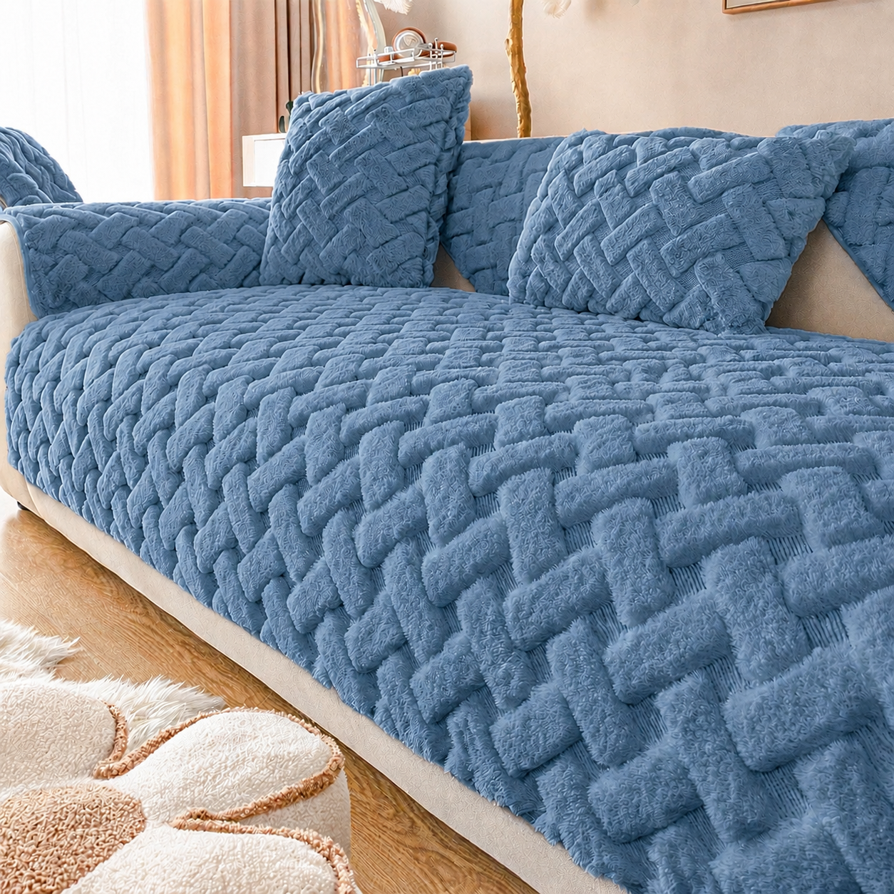 Non-Slip Geometric Plush Fuzzy Furry Sofa Couch Cover