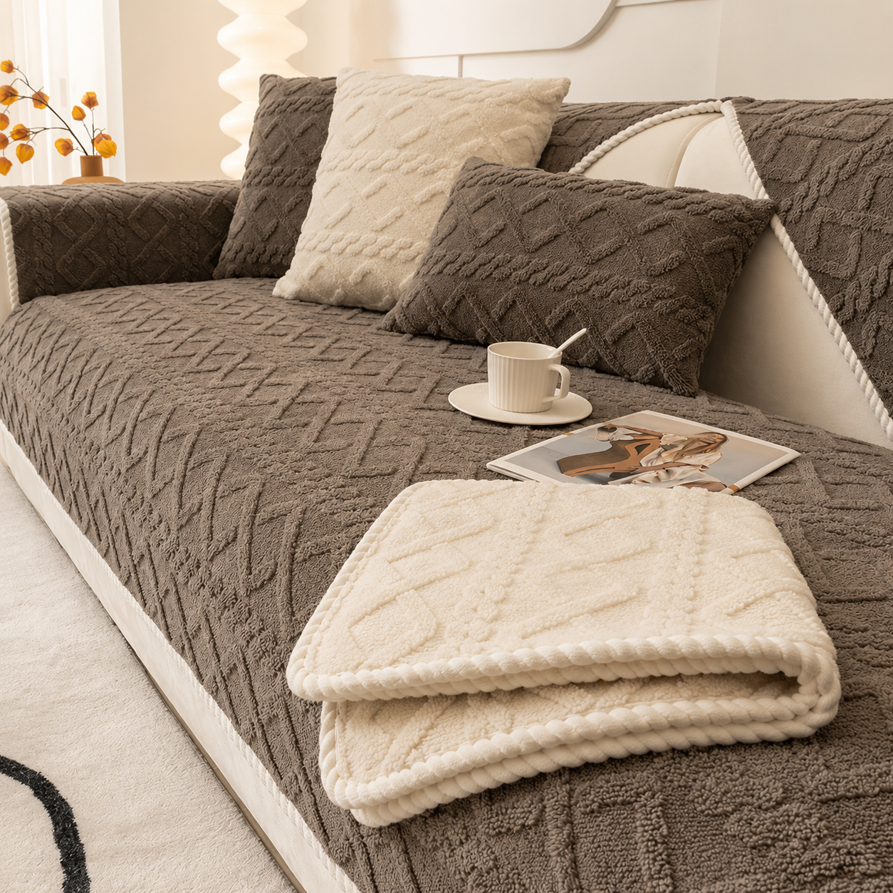 Non Slip Fluffy Geometric Jacquard Mat Couch Sofa Cover