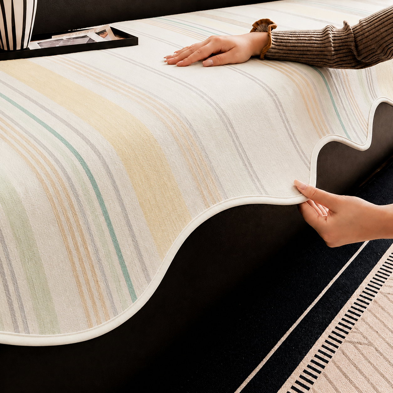 Non-Slip Pastel Watercolor Stripe Chenille Sofa Cover