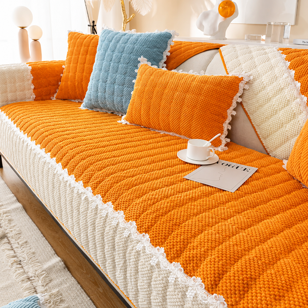 Non-Slip Quilted Lace Plush Sofa Couch Cover