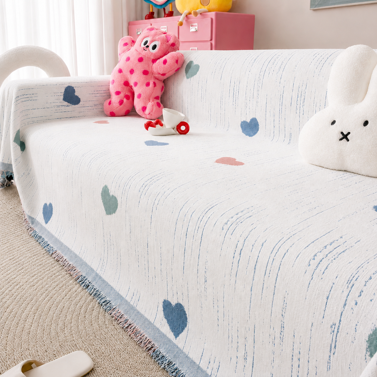 Non-Slip Modern Heart Chenille Tassels Sofa Couch Cover
