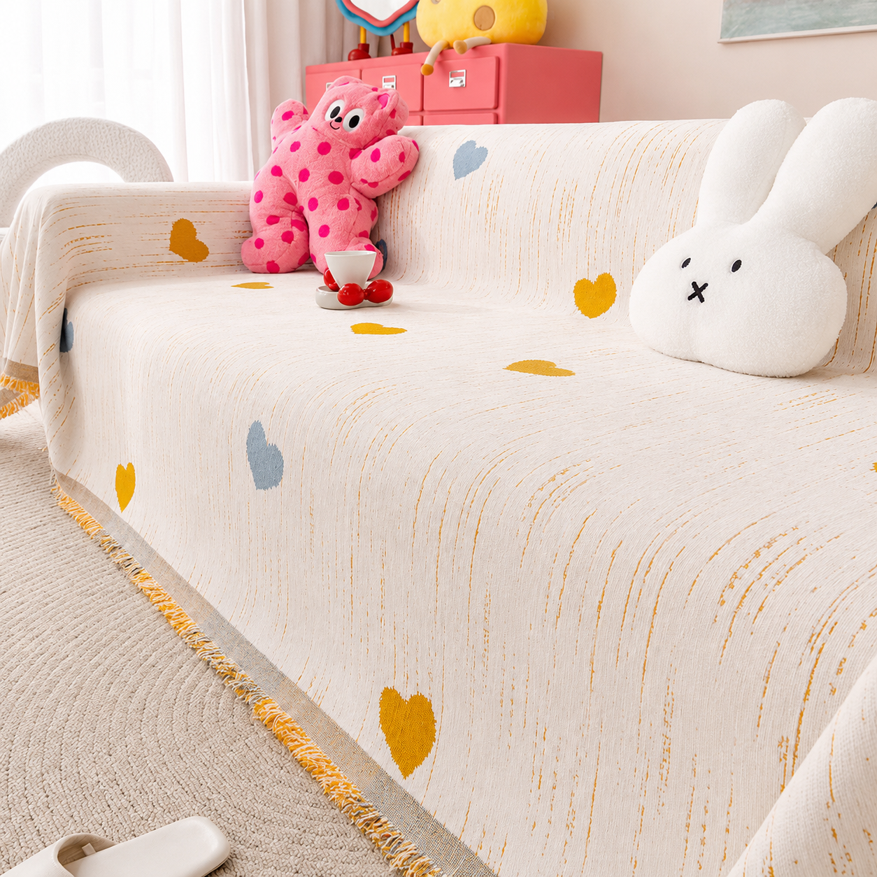 Non-Slip Modern Heart Chenille Tassels Sofa Couch Cover