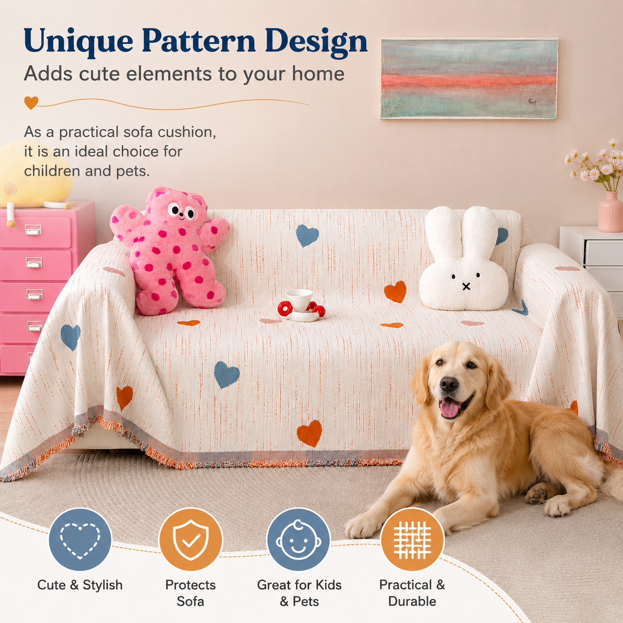 Non-Slip Modern Heart Chenille Tassels Sofa Couch Cover