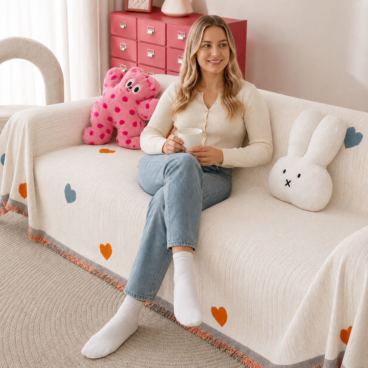Non-Slip Modern Heart Chenille Tassels Sofa Couch Cover