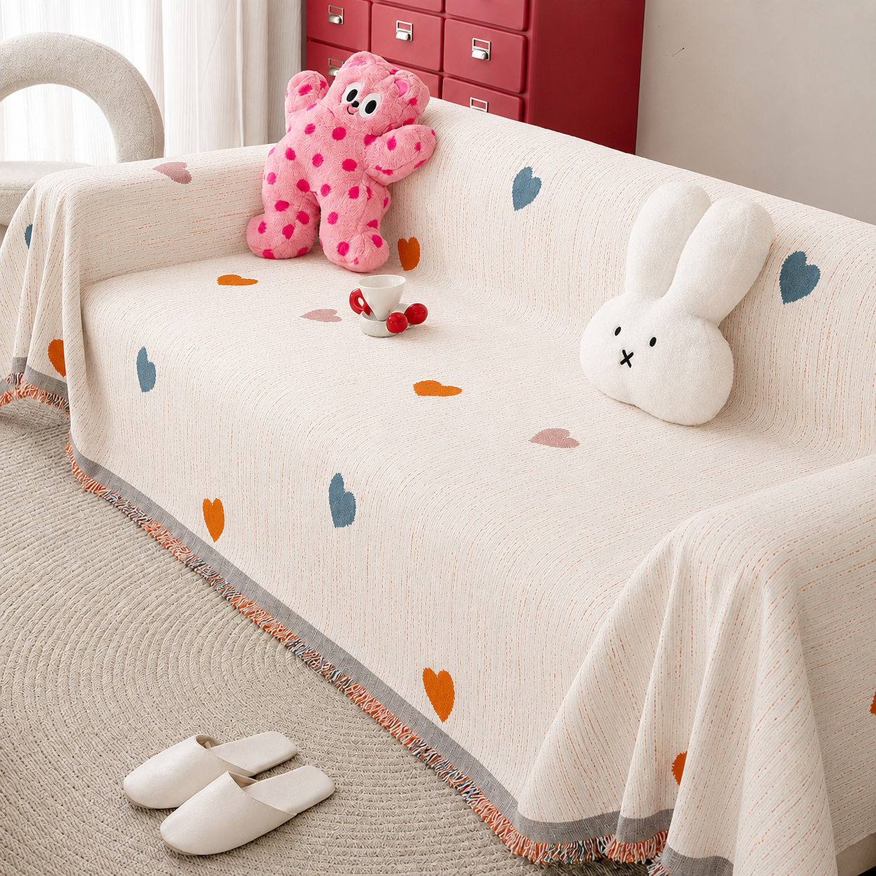 Non-Slip Modern Heart Chenille Tassels Sofa Couch Cover