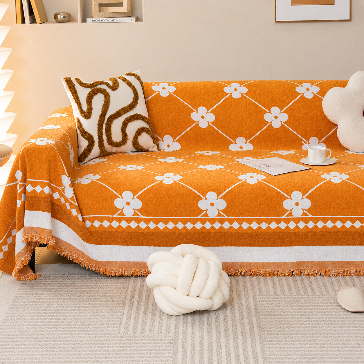 Non-Slip Woven Floral Trellis Chenille Tassels Sofa Couch Cover