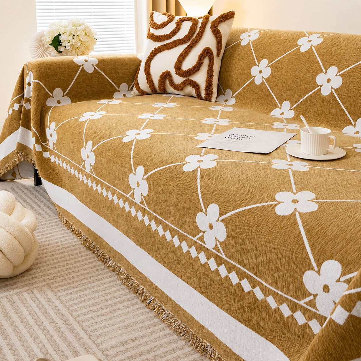 Non-Slip Woven Floral Trellis Chenille Tassels Sofa Couch Cover