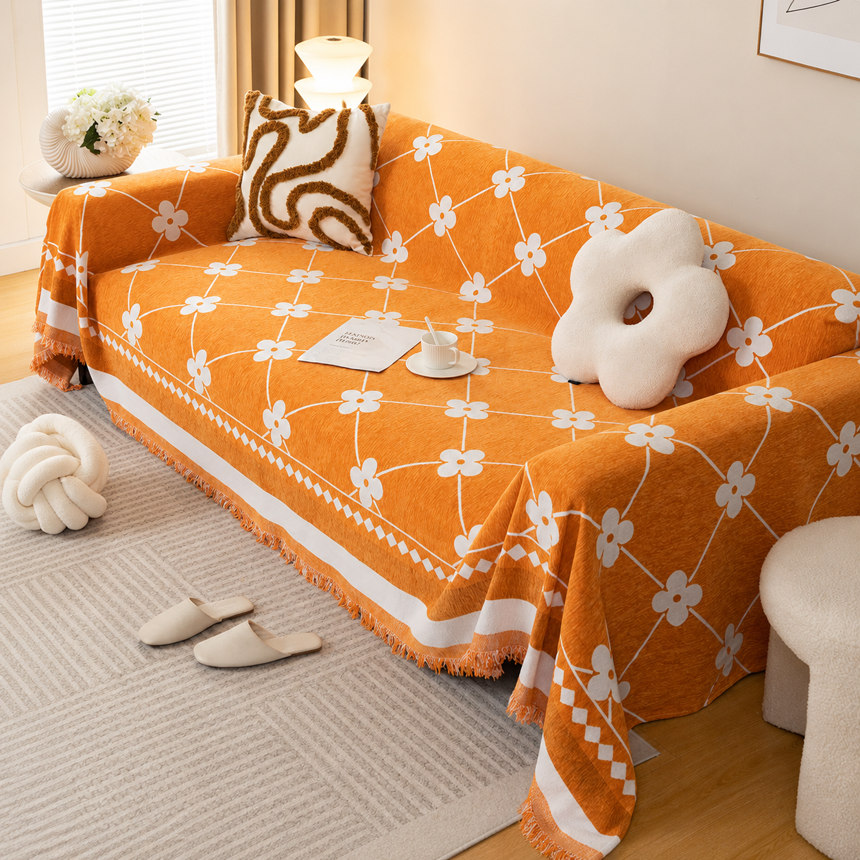 Non-Slip Woven Floral Trellis Chenille Tassels Sofa Couch Cover