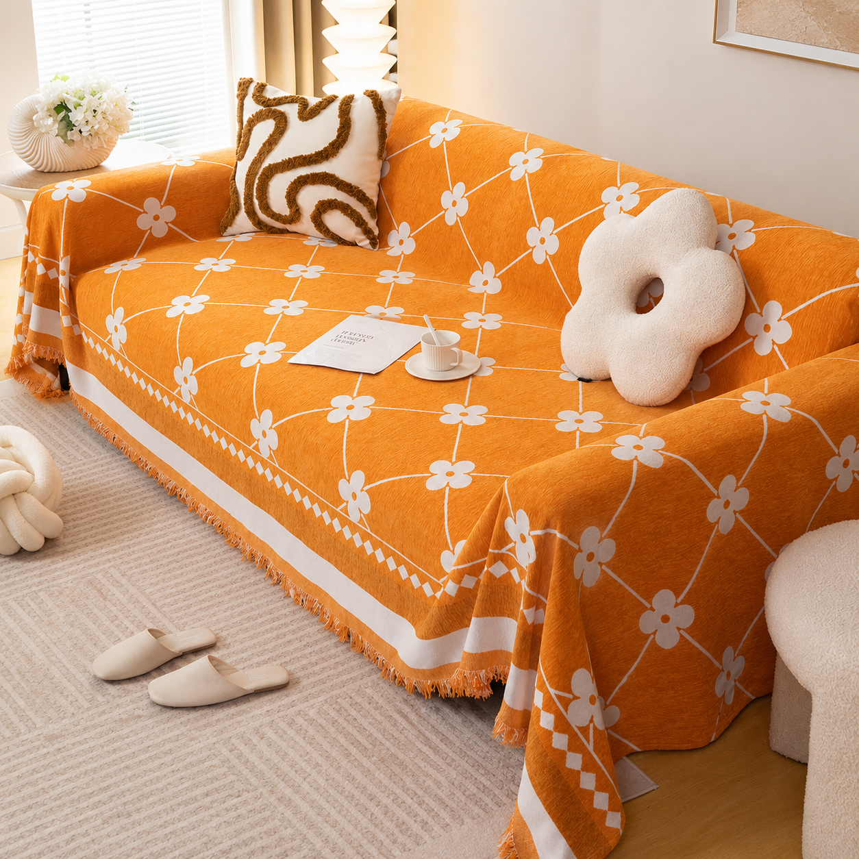 Non-Slip Woven Floral Trellis Chenille Tassels Sofa Couch Cover