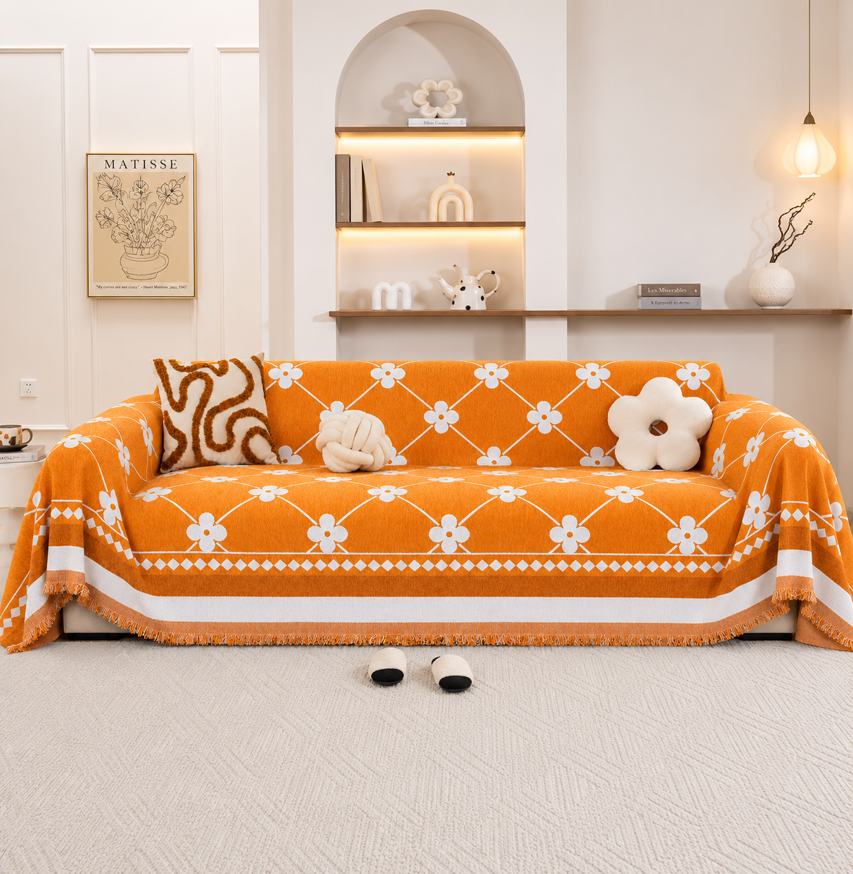 Non-Slip Woven Floral Trellis Chenille Tassels Sofa Couch Cover