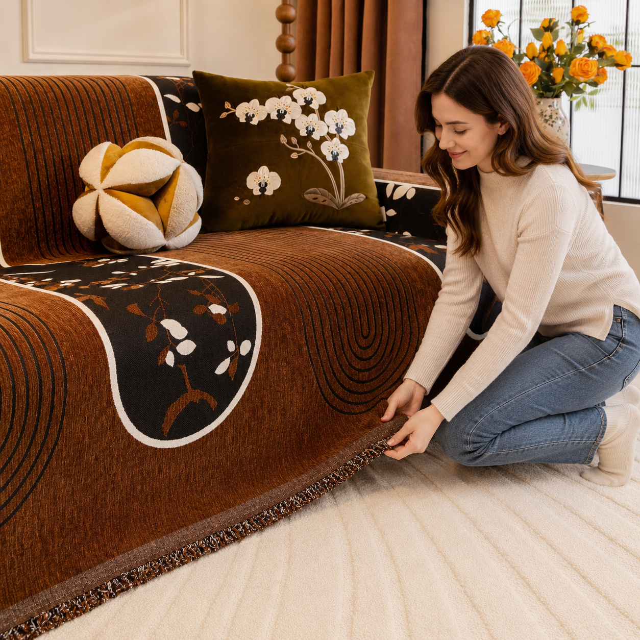 Non-Slip Modern Geometric Chenille Tassels Sofa Couch Cover