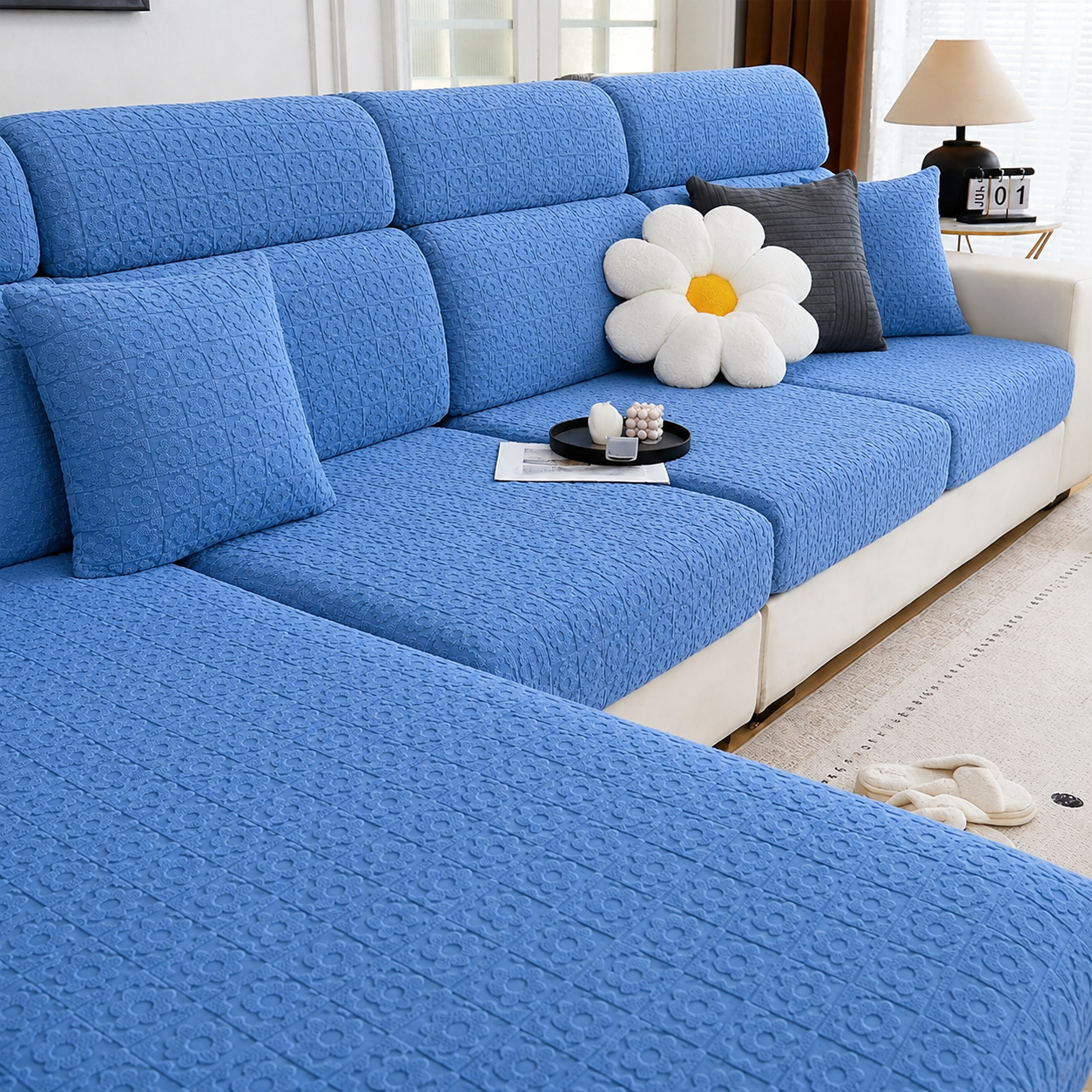 Anti Slip Daisy Floral L Shaped Cushion Sofa Couch Cover