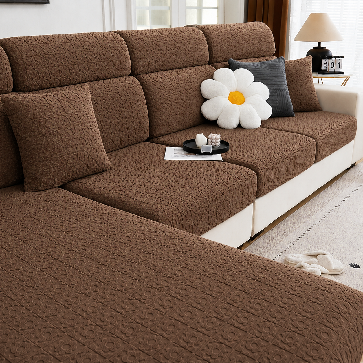 Anti Slip Daisy Floral L Shaped Cushion Sofa Couch Cover