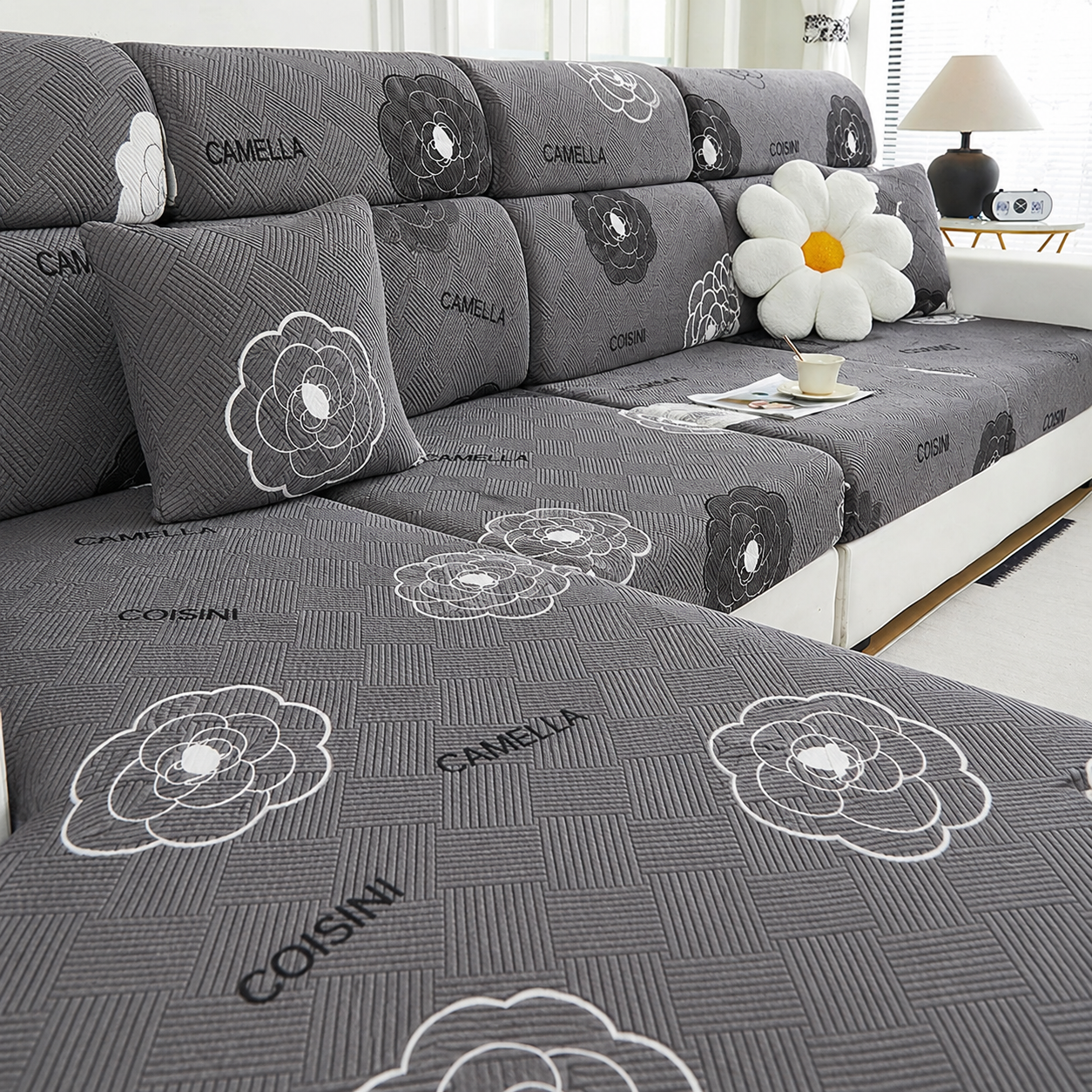 Basketweave Floral Stretch L Shaped Cushion Sofa Couch Cover