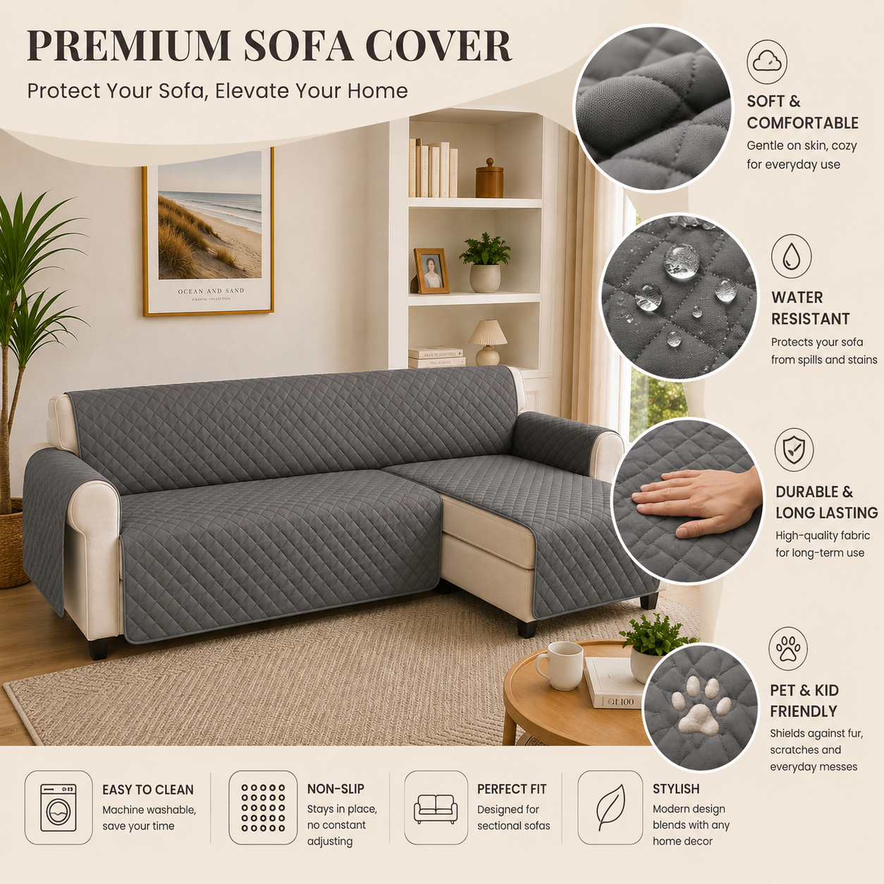 L Shape Quilted Slipcover Mat Sofa Couch Cover