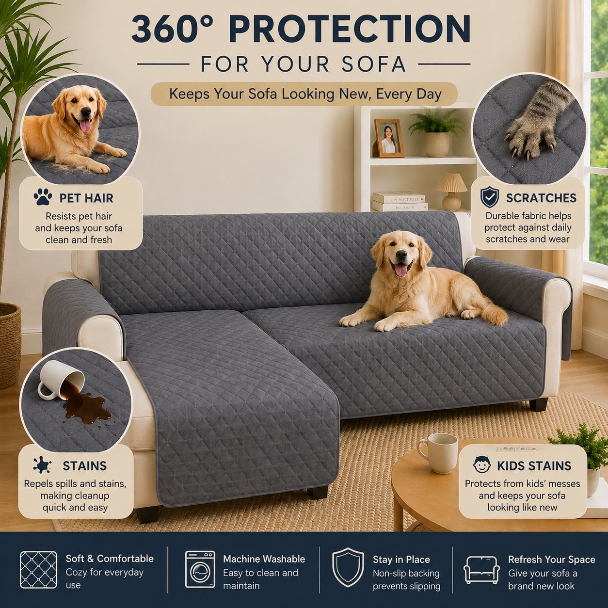 L Shape Quilted Slipcover Mat Sofa Couch Cover