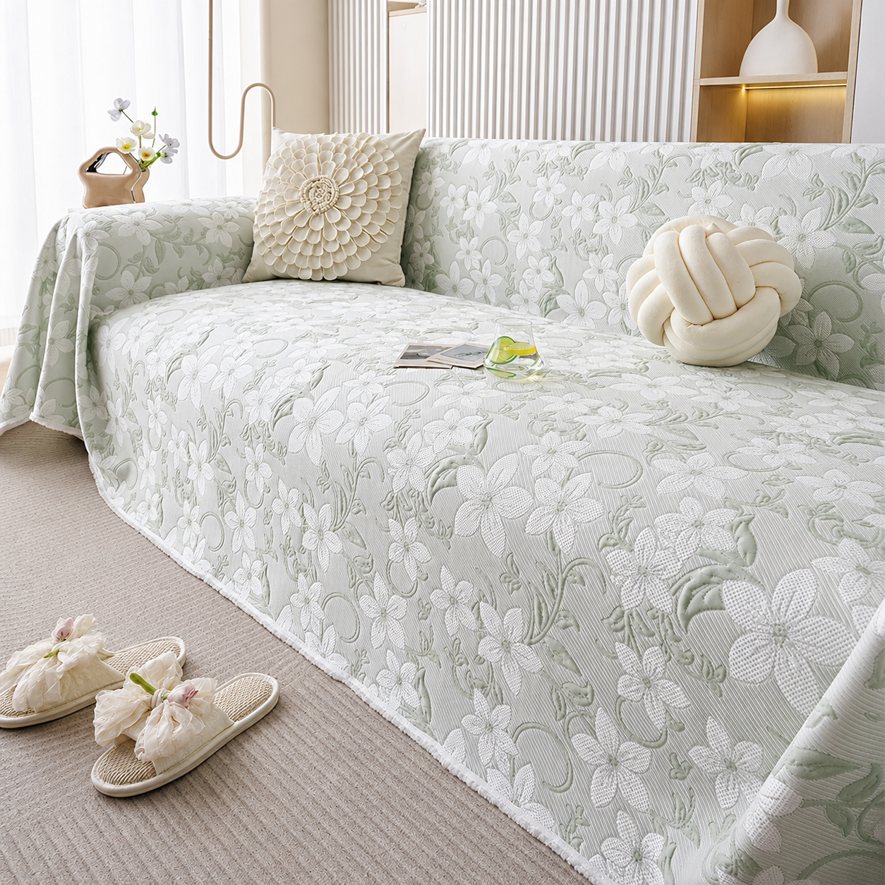 Elegant Floral Ice Silk Jacquard Sofa Couch Cover