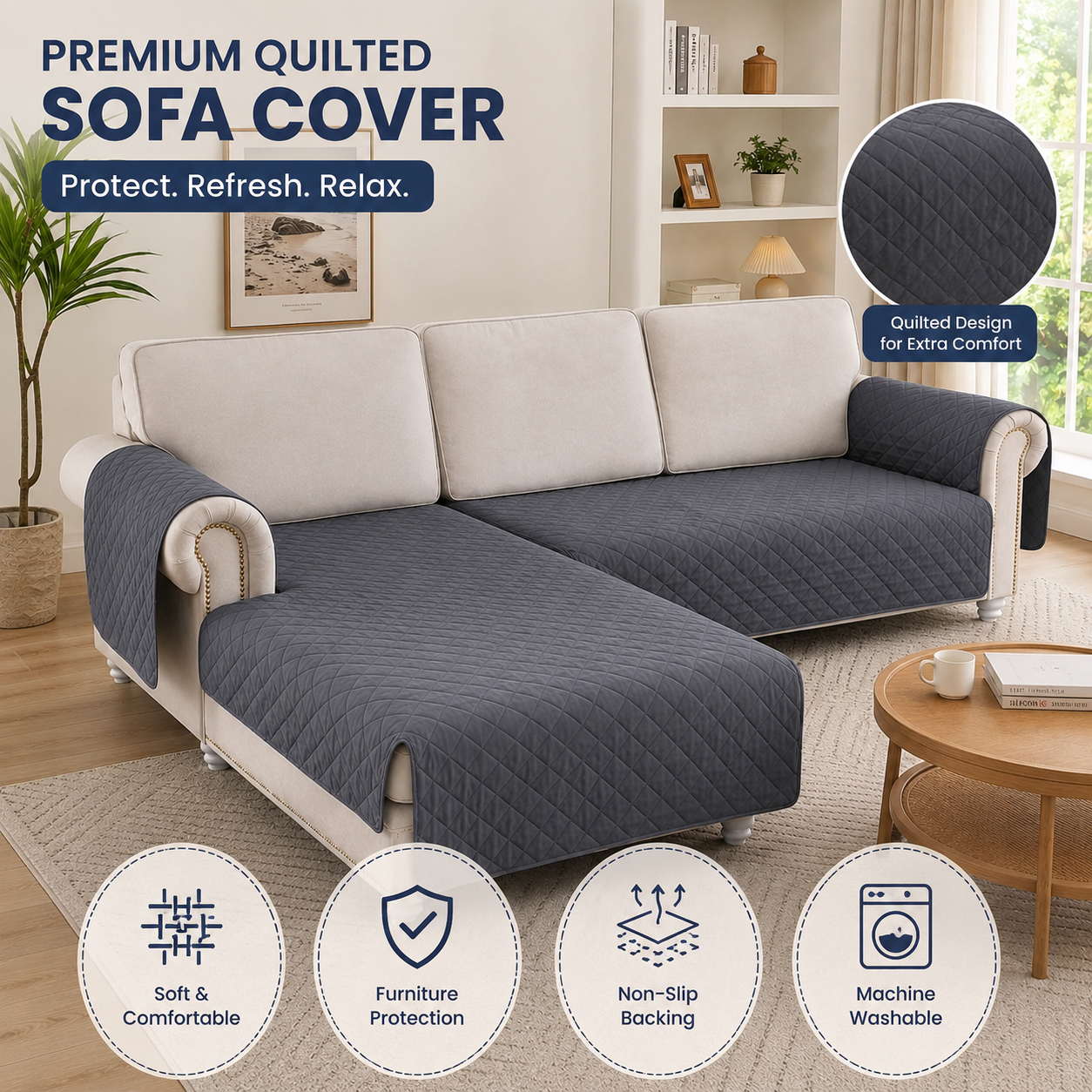 L Shape Quilted Slipcover Mat Sofa Couch Cover