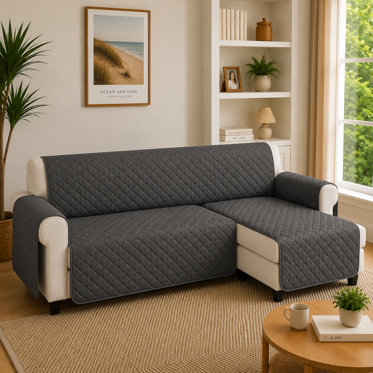 L Shape Quilted Slipcover Mat Sofa Couch Cover