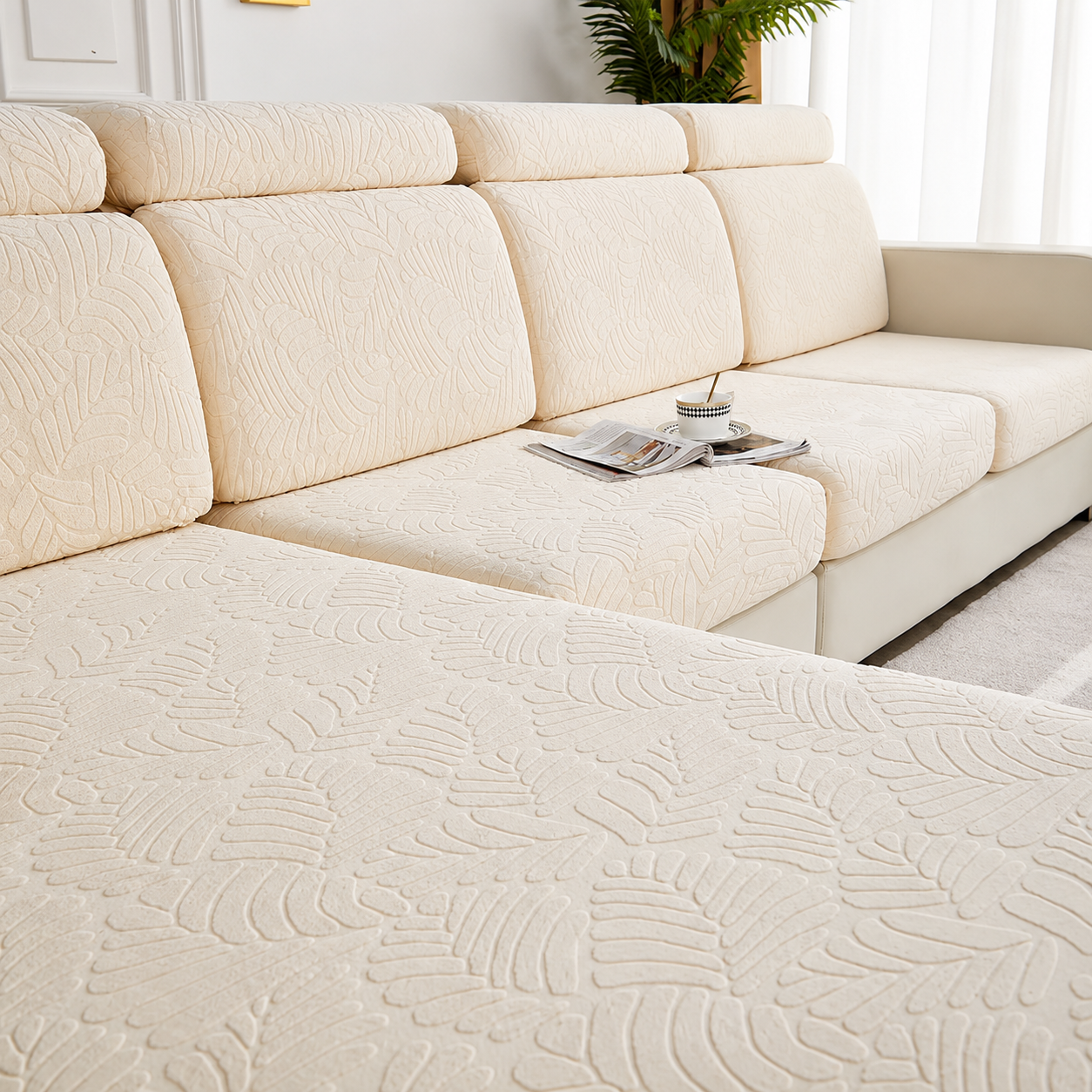 Anti Slip Leaf Jacquard L Shaped Cushion Sofa Couch Cover