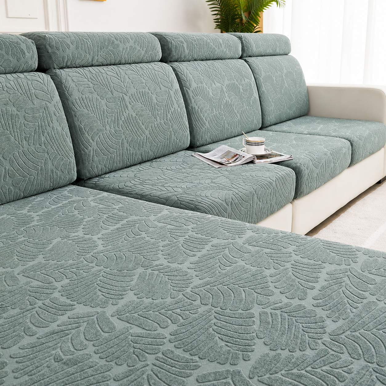 Anti Slip Leaf Jacquard L Shaped Cushion Sofa Couch Cover