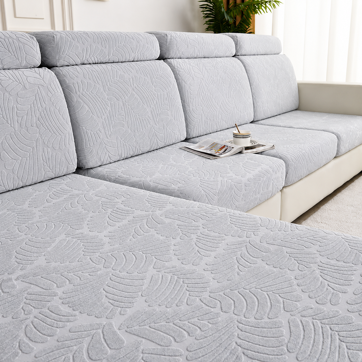 Anti Slip Leaf Jacquard L Shaped Cushion Sofa Couch Cover